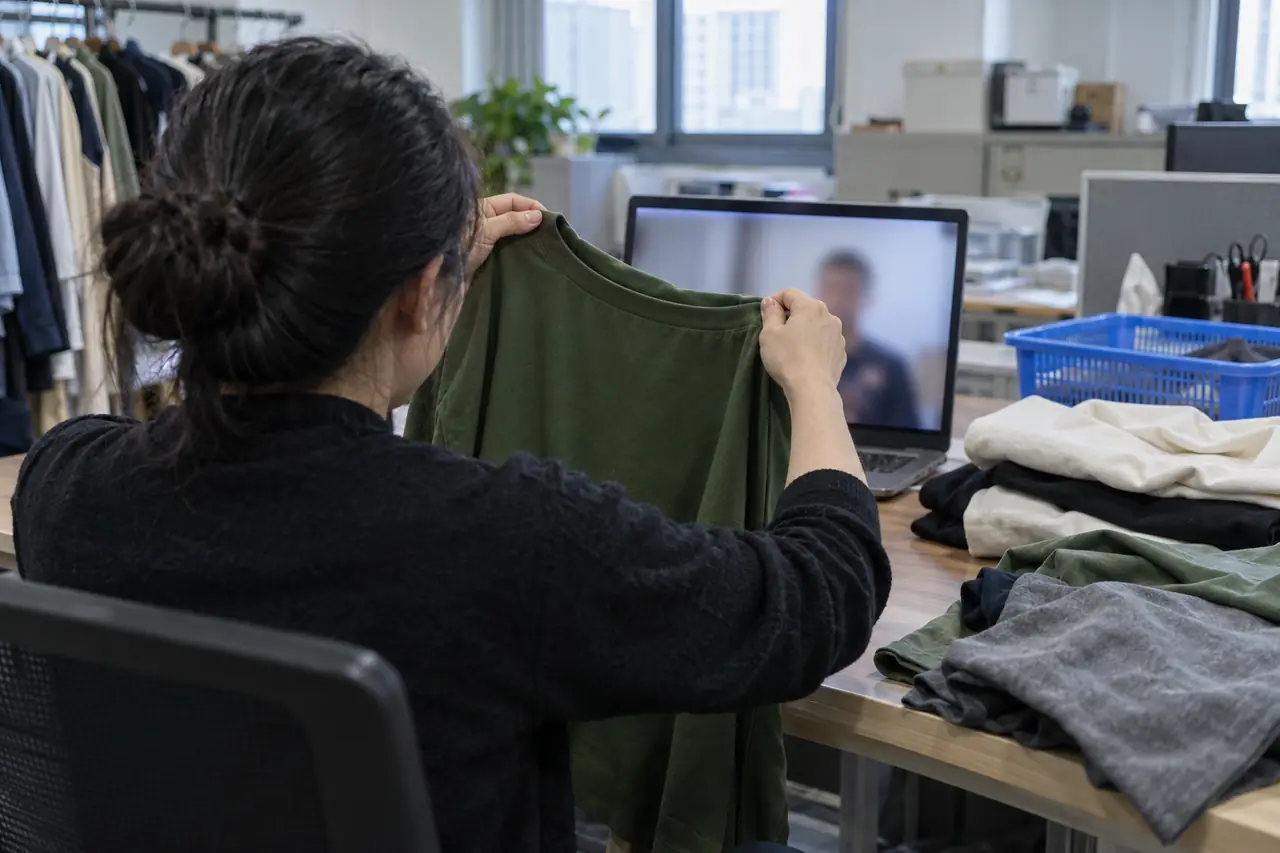 Video call with a buyer next to garment samples