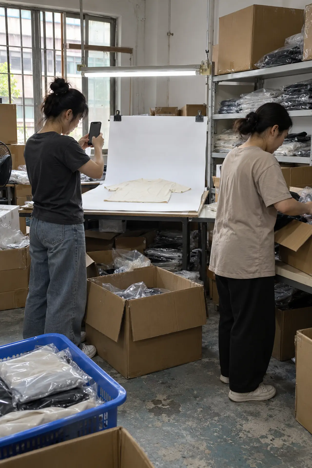 Parcels being consolidated while a garment is photographed for a buyer