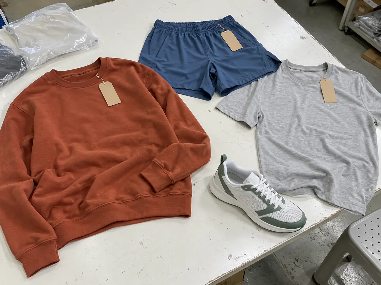 Sample garments and a sneaker sample with blank hang tags