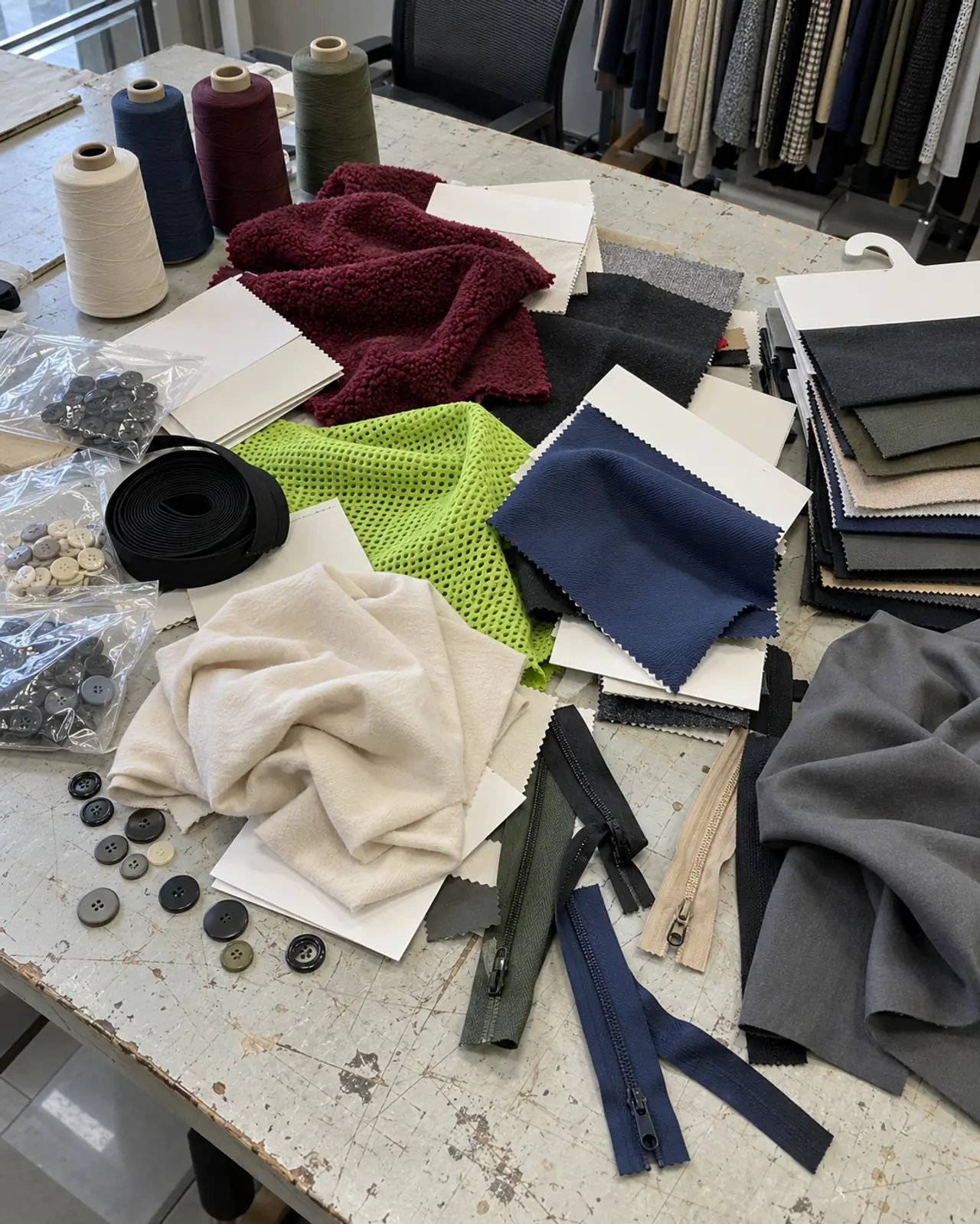 Fabric swatches, thread cones and trims on a sampling table